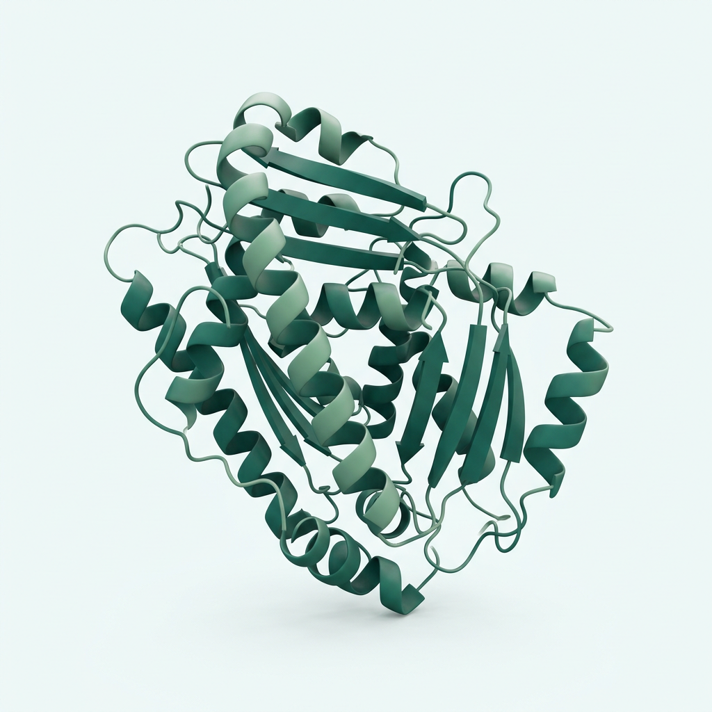 A folded protein ribbon rendered in teal, illustrating the intricate structures behind protein engineering